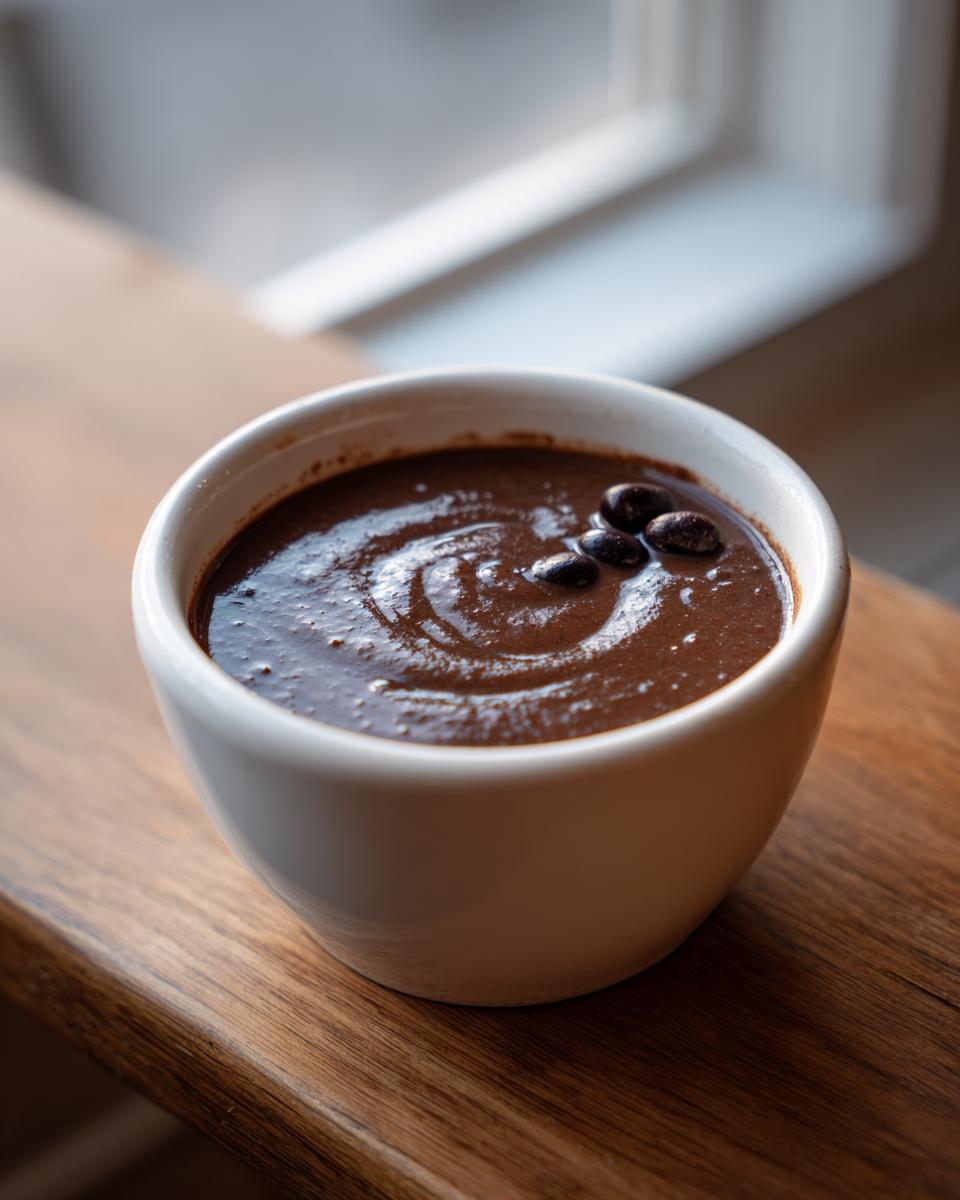 A small white bowl filled with thick, dark brown black bean soup, garnished with a few whole beans, sitting on a wooden surface.