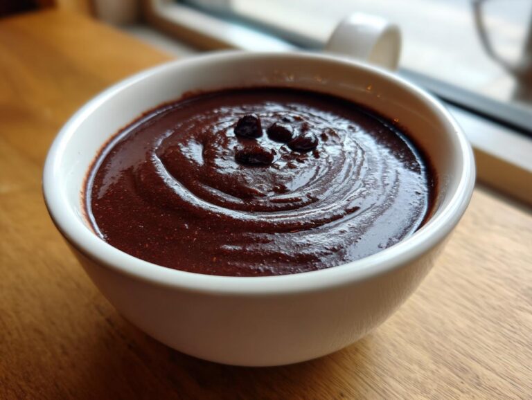 Close-up of very thick, dark brown black bean soup served in a white mug, topped with dried berries.