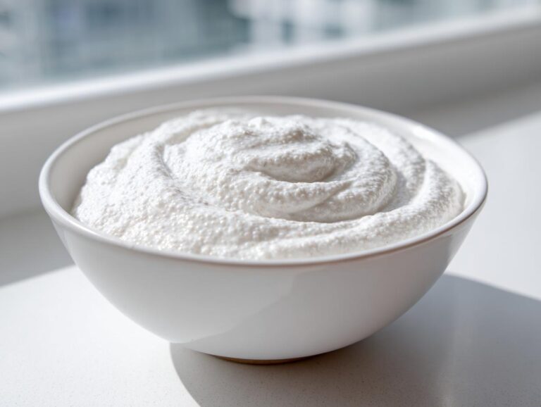 A close-up of thick, creamy white coconut chia pudding swirled in a simple white bowl.
