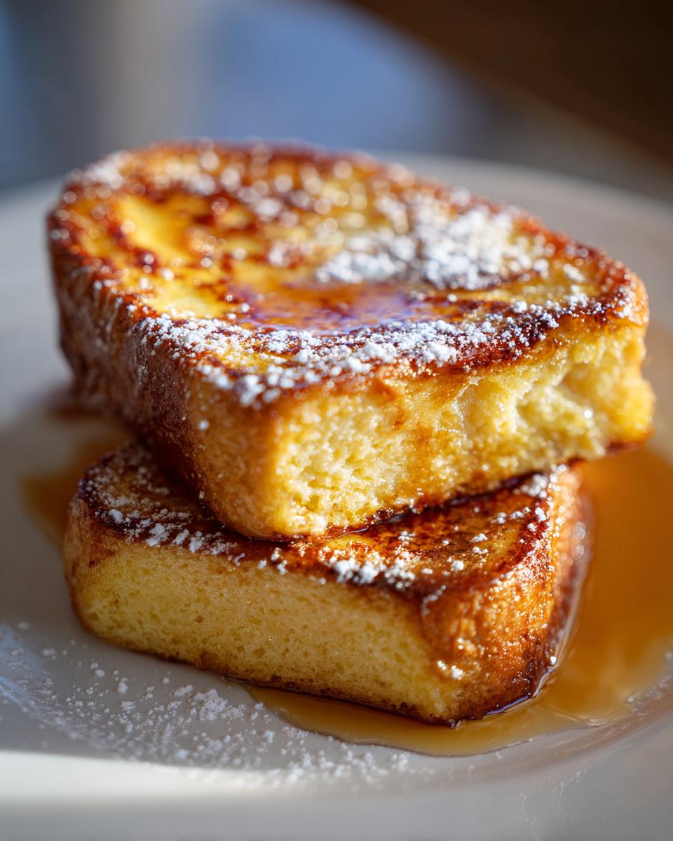 Two thick slices of golden brown french toast stacked, drizzled with syrup and dusted with powdered sugar.