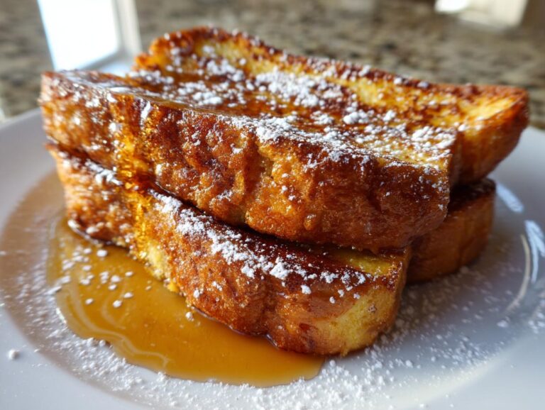 Close-up of three thick slices of golden brown french toast stacked, drizzled with syrup and dusted with powdered sugar.