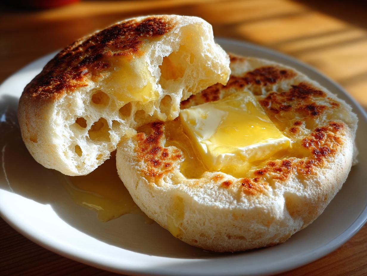 A toasted english muffin, split open, topped with a square of melting butter and honey, showing its signature nooks and crannies.