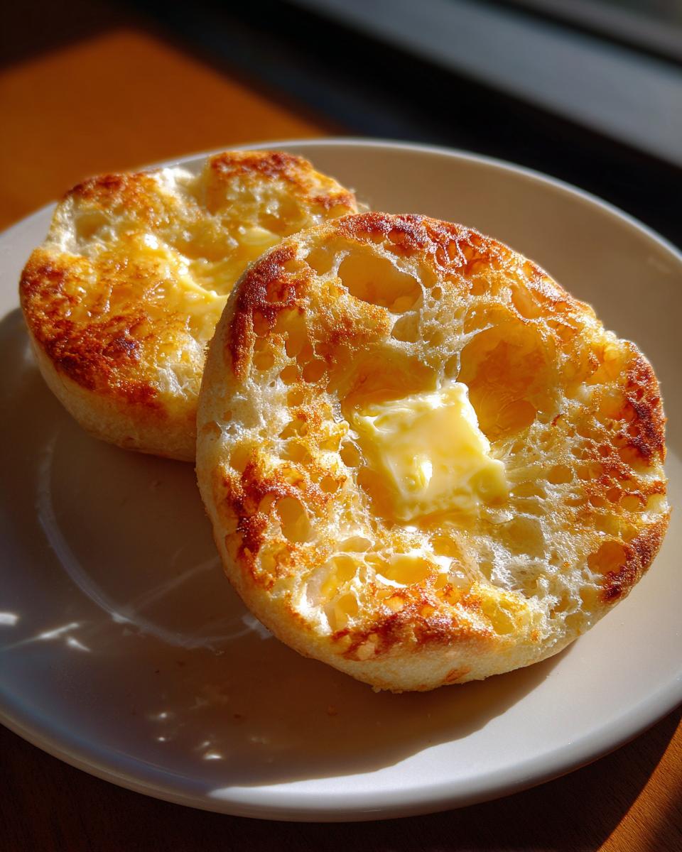 Close-up of a toasted english muffin, split in half, with a pat of melting butter on top.