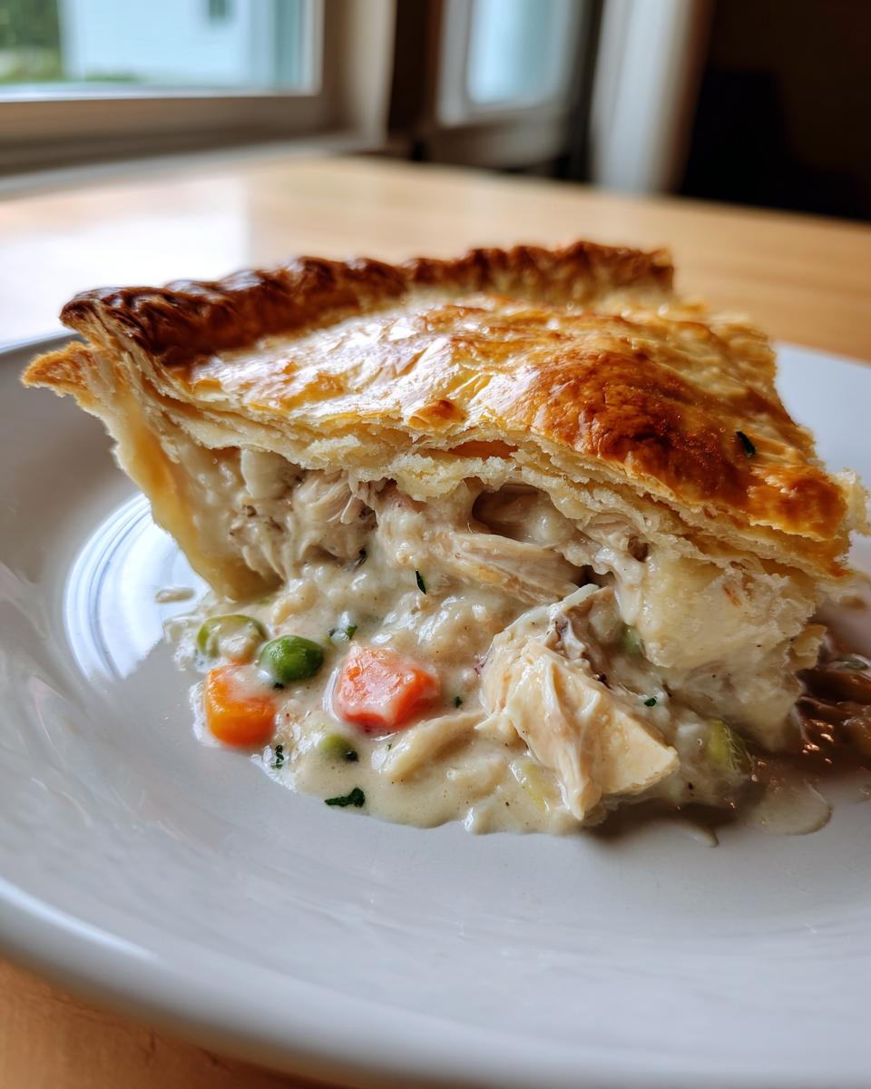 A close-up slice of turkey pot pie recipe showing flaky golden crust and creamy filling with turkey, carrots, and peas.