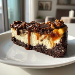A rich slice of turtle cheesecake featuring a dark crust, creamy filling, topped with gooey caramel sauce and pecans.
