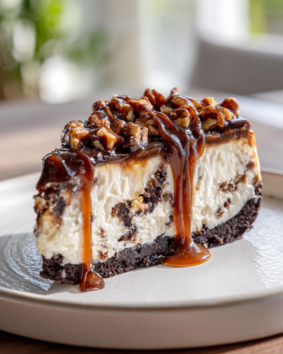 A rich slice of turtle cheesecake featuring a dark crust, creamy filling with chocolate chunks, topped with pecans and dripping caramel sauce.