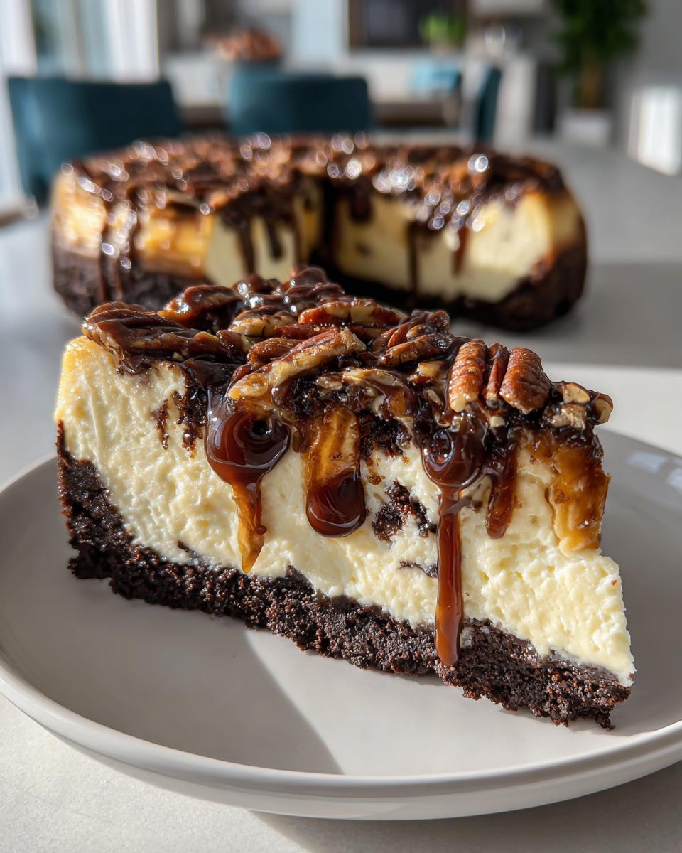 A close-up of a slice of turtle cheesecake with a dark crust, creamy filling, drizzled with caramel and chocolate, topped with pecans.