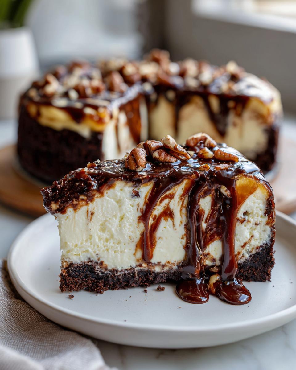 A close-up slice of rich turtle cheesecake with a dark crust, topped with caramel, chocolate drizzle, and pecans.