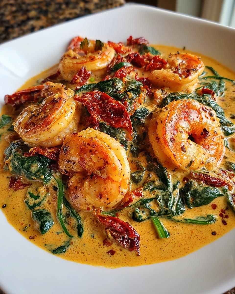 Close-up of succulent shrimp in a creamy, orange-hued sauce with spinach and sun-dried tomatoes, showcasing the Tuscan shrimp dish.