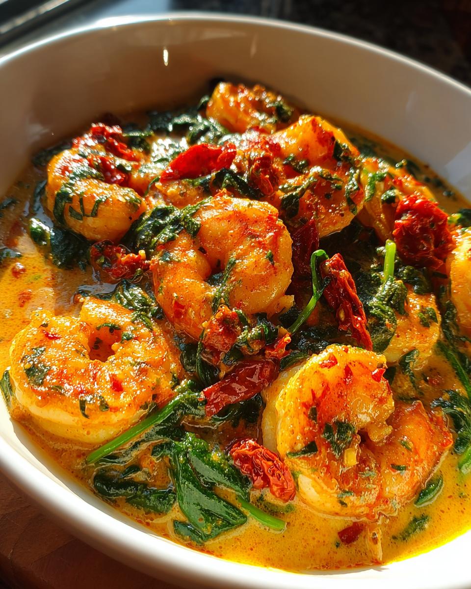 A close-up of creamy Tuscan shrimp served in a white bowl with wilted spinach and sun-dried tomatoes.
