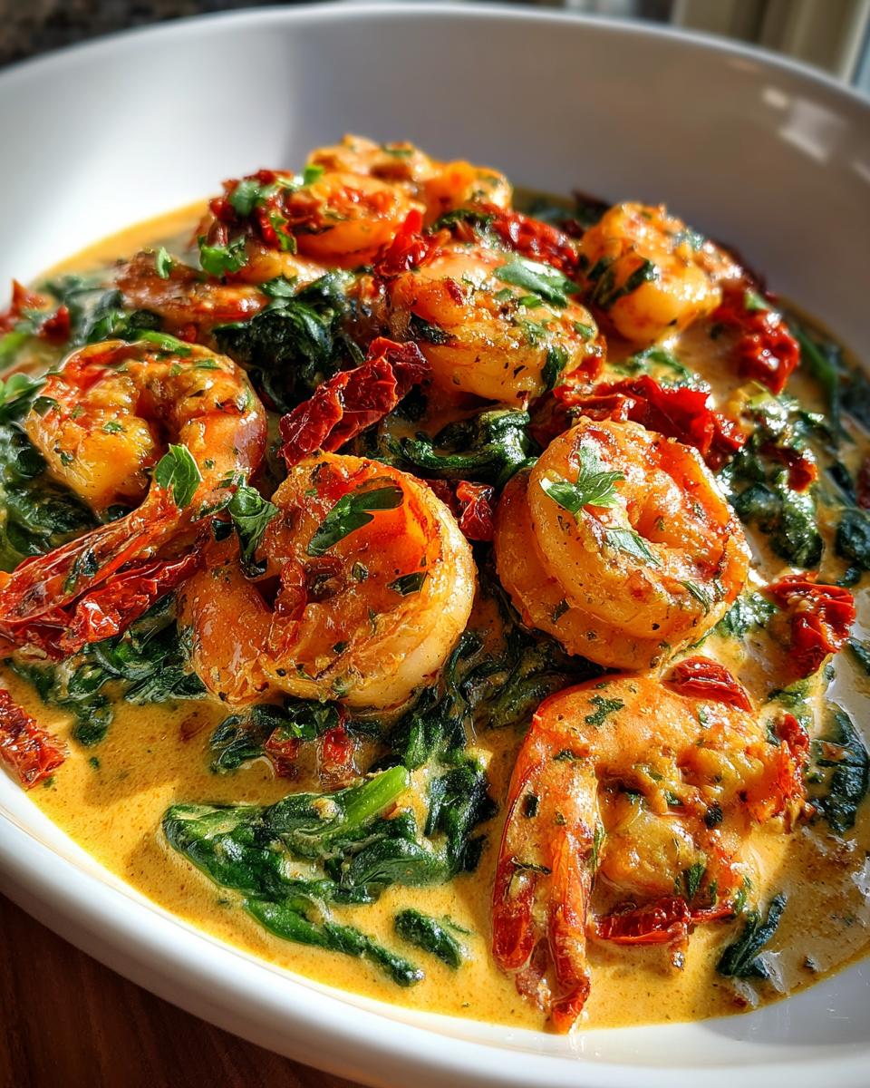 A close-up view of perfectly cooked Tuscan shrimp served in a rich, creamy sauce with wilted spinach and sun-dried tomatoes.