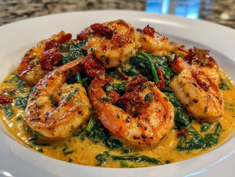 Close-up of perfectly cooked Tuscan shrimp served over spinach in a rich, creamy sauce with sun-dried tomatoes.