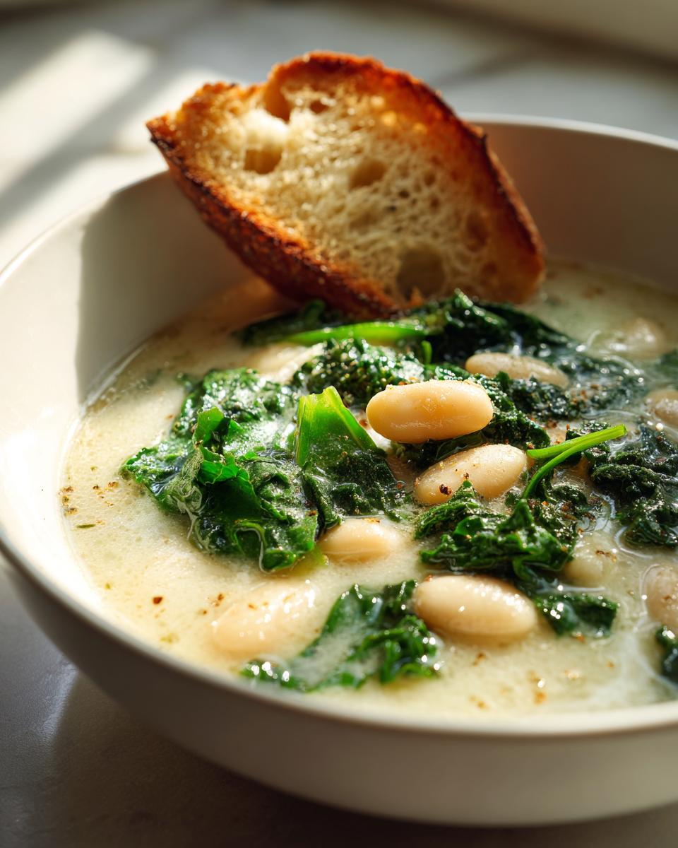 Close-up of a bowl of Tuscan white bean soup featuring cannellini beans and dark greens, topped with a slice of crusty bread.