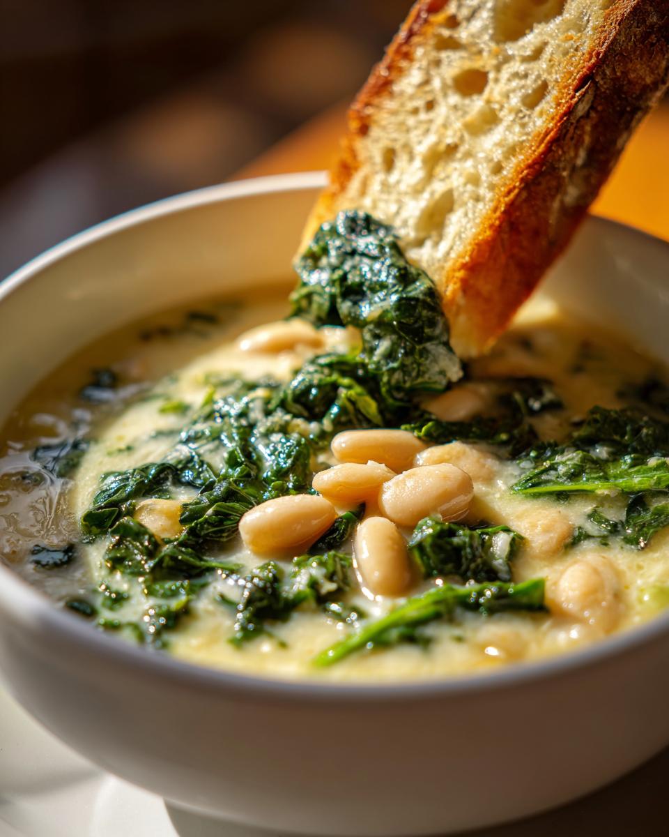 Close-up of a crusty piece of bread dipping into a creamy bowl of Tuscan white bean soup with spinach.