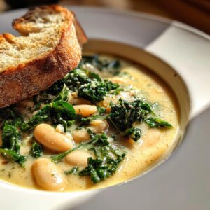 Close-up of creamy Tuscan white bean soup featuring cannellini beans and dark green kale, served with a slice of toasted bread.