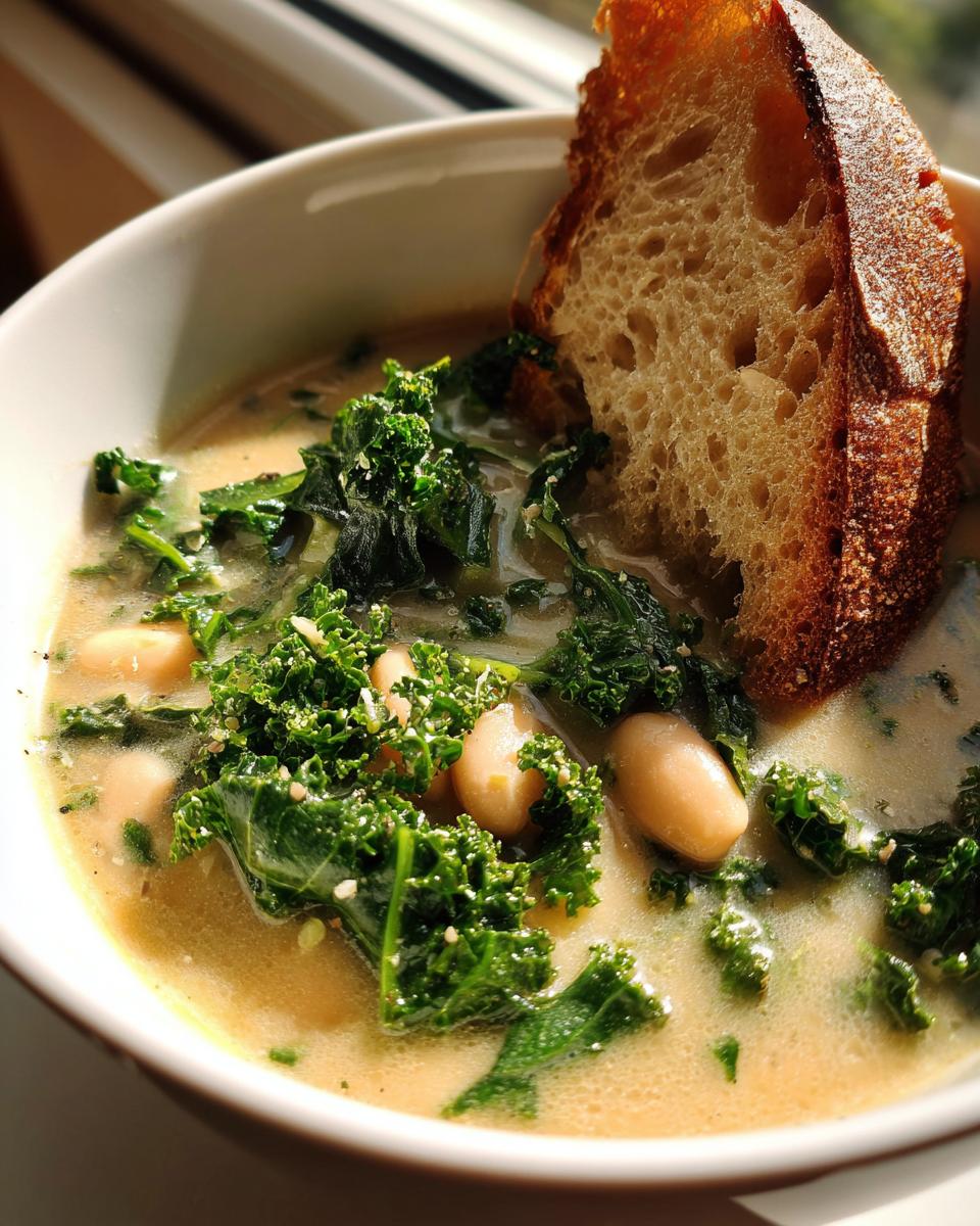 Close-up of a bowl of creamy Tuscan white bean soup topped with bright green kale and served with a slice of crusty bread.