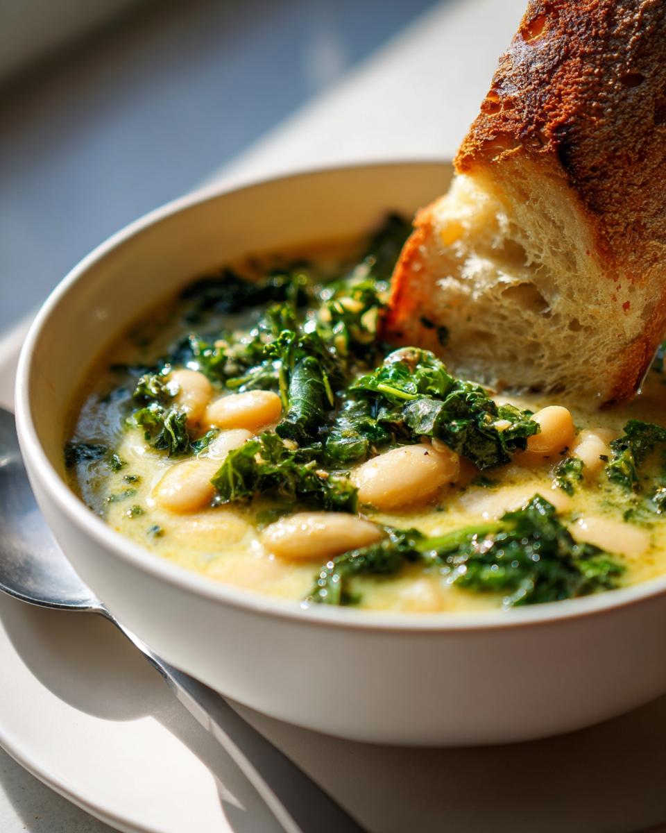 Close-up of a bowl of creamy Tuscan white bean soup with kale, dipping a piece of crusty bread into it.