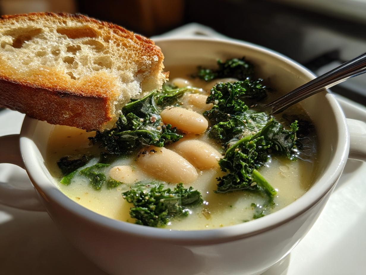 Close-up of a bowl of Tuscan white bean soup featuring cannellini beans and kale, dipped with a slice of toasted bread.