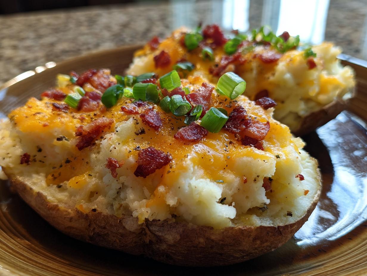 Close-up of a delicious twice baked potato loaded with melted cheddar cheese, bacon bits, and green onions.