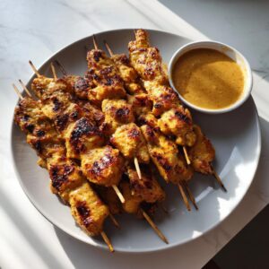A platter of perfectly grilled chicken satay skewers served alongside a small bowl of creamy peanut dipping sauce.