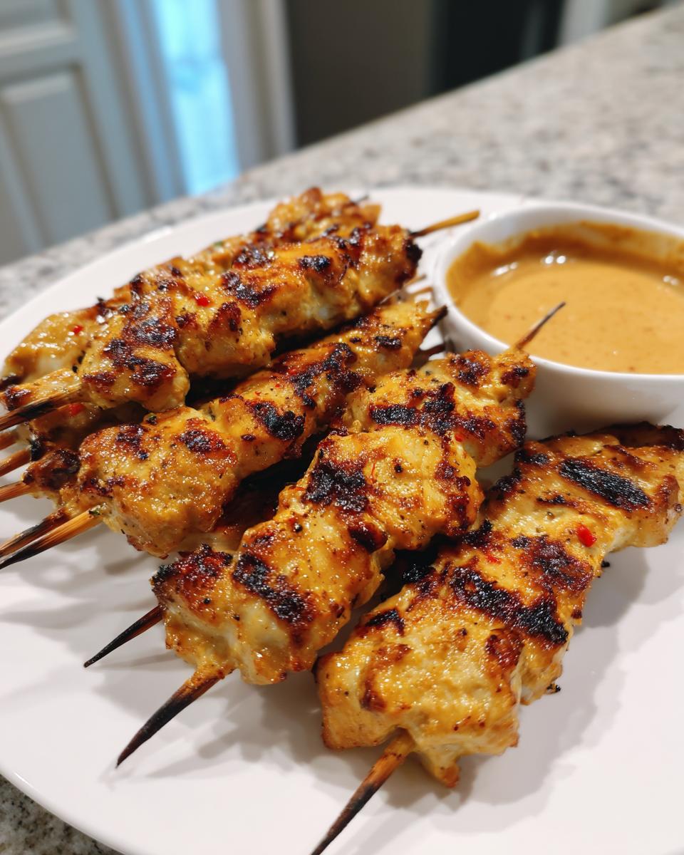 Close-up of perfectly grilled chicken satay skewers served with a side of creamy peanut dipping sauce.