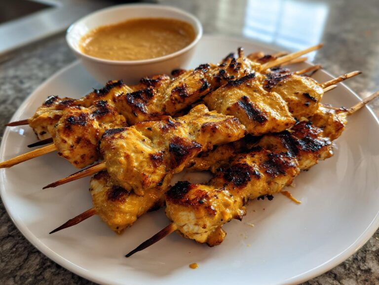 Close-up of perfectly grilled chicken satay skewers served on a white plate next to a small bowl of creamy peanut sauce.