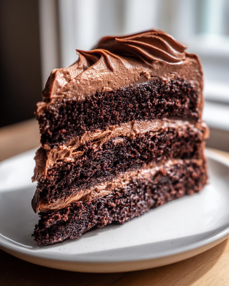 A tall, moist slice of three-layer chocolate cake recipe with rich chocolate frosting.