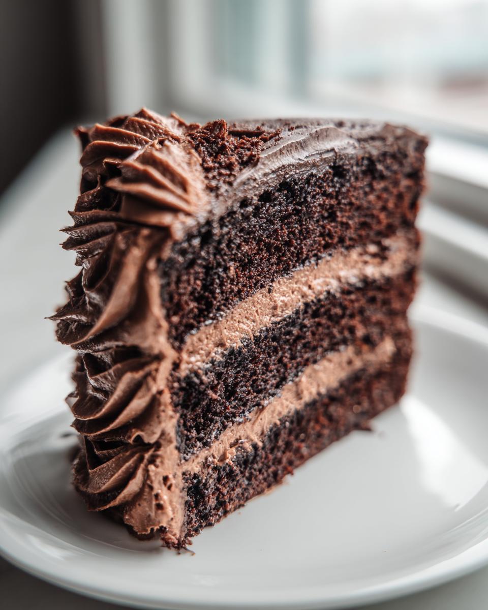 A decadent slice of multi-layered chocolate cake recipe with thick chocolate frosting, served on a white plate.