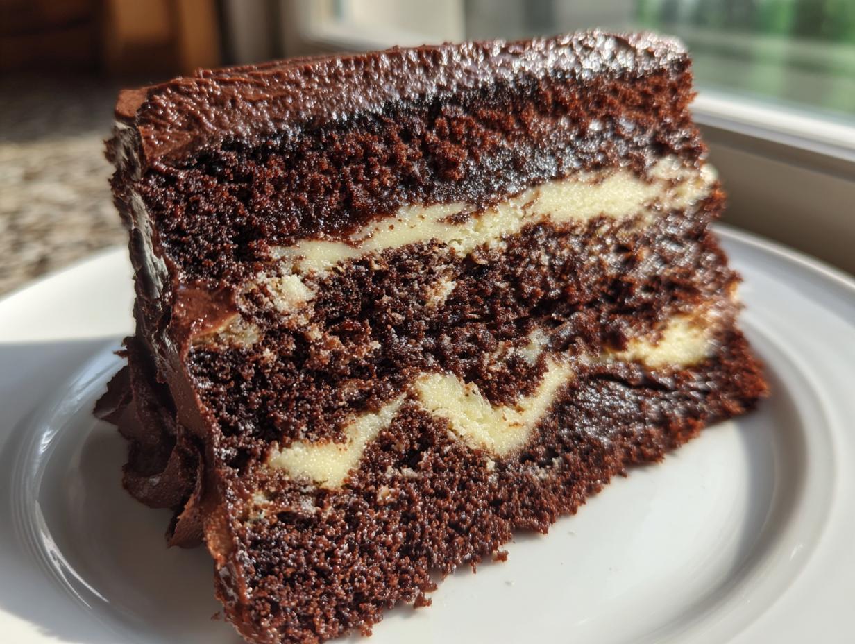 Close-up of a rich, moist slice from the ultimate chocolate cake recipe, showing dark layers and creamy white filling.