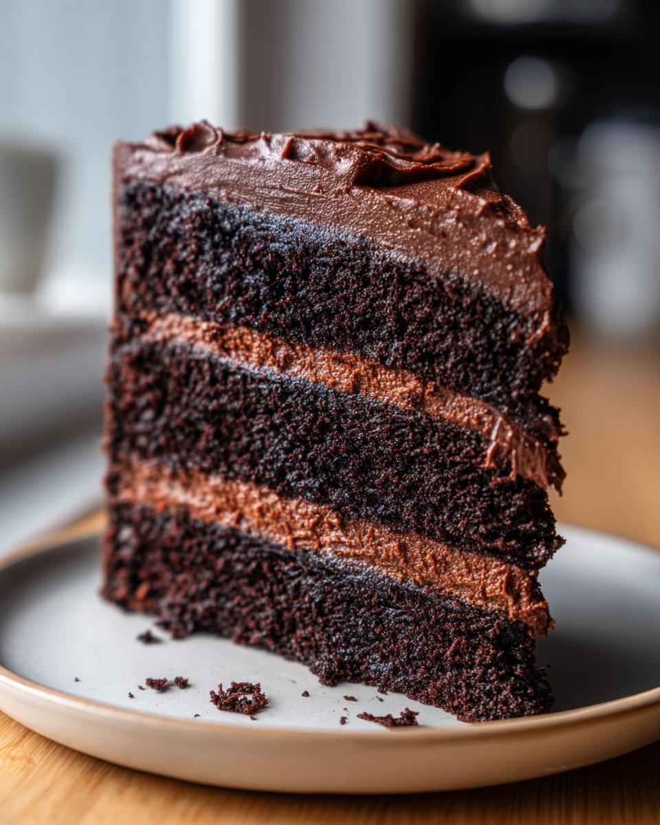 Close-up of a tall slice of rich chocolate fudge cake with three layers and thick chocolate frosting.