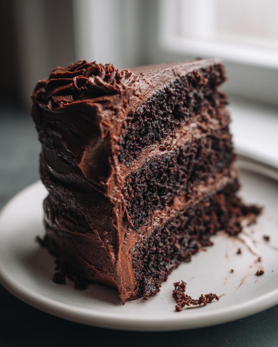A tall, decadent slice of chocolate fudge cake with thick layers of dark chocolate frosting on a white plate.