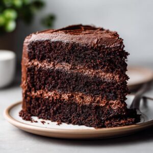 A tall, moist slice of chocolate fudge cake showing three distinct dark layers separated by thick chocolate frosting.
