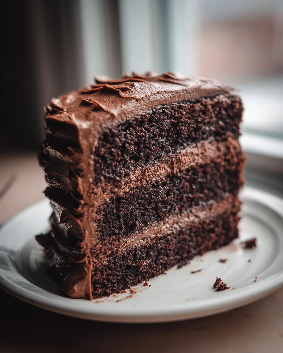 A thick slice of rich, dark chocolate fudge cake with multiple layers of frosting on a white plate.