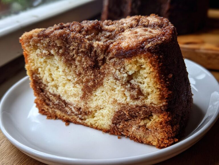 Close-up of a moist slice of coffee cake featuring a marbled interior and a thick, sugary cinnamon streusel topping.