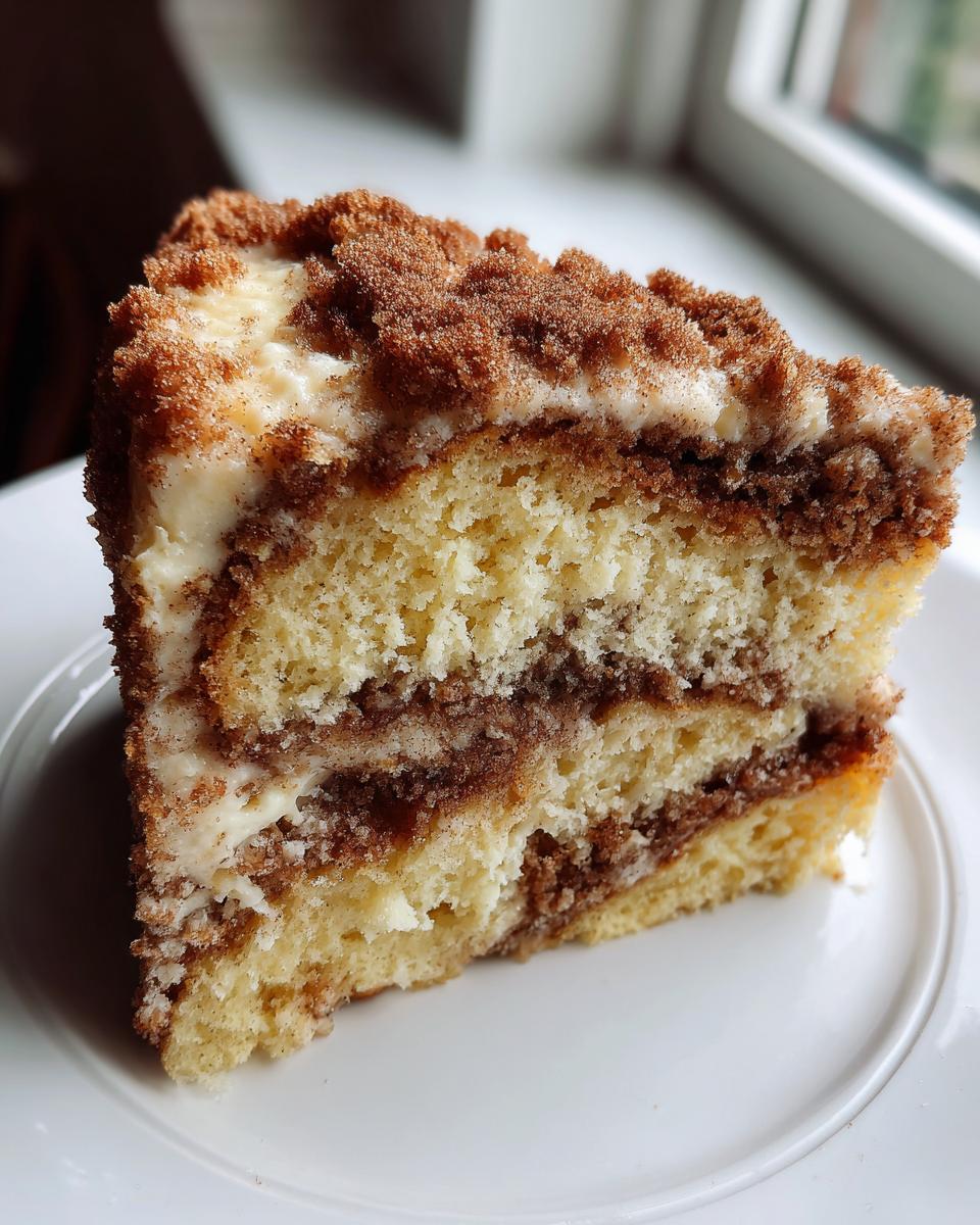 Close-up of a thick slice of ultimate coffee cake showing three layers of moist cake, cinnamon filling, and a thick streusel topping.