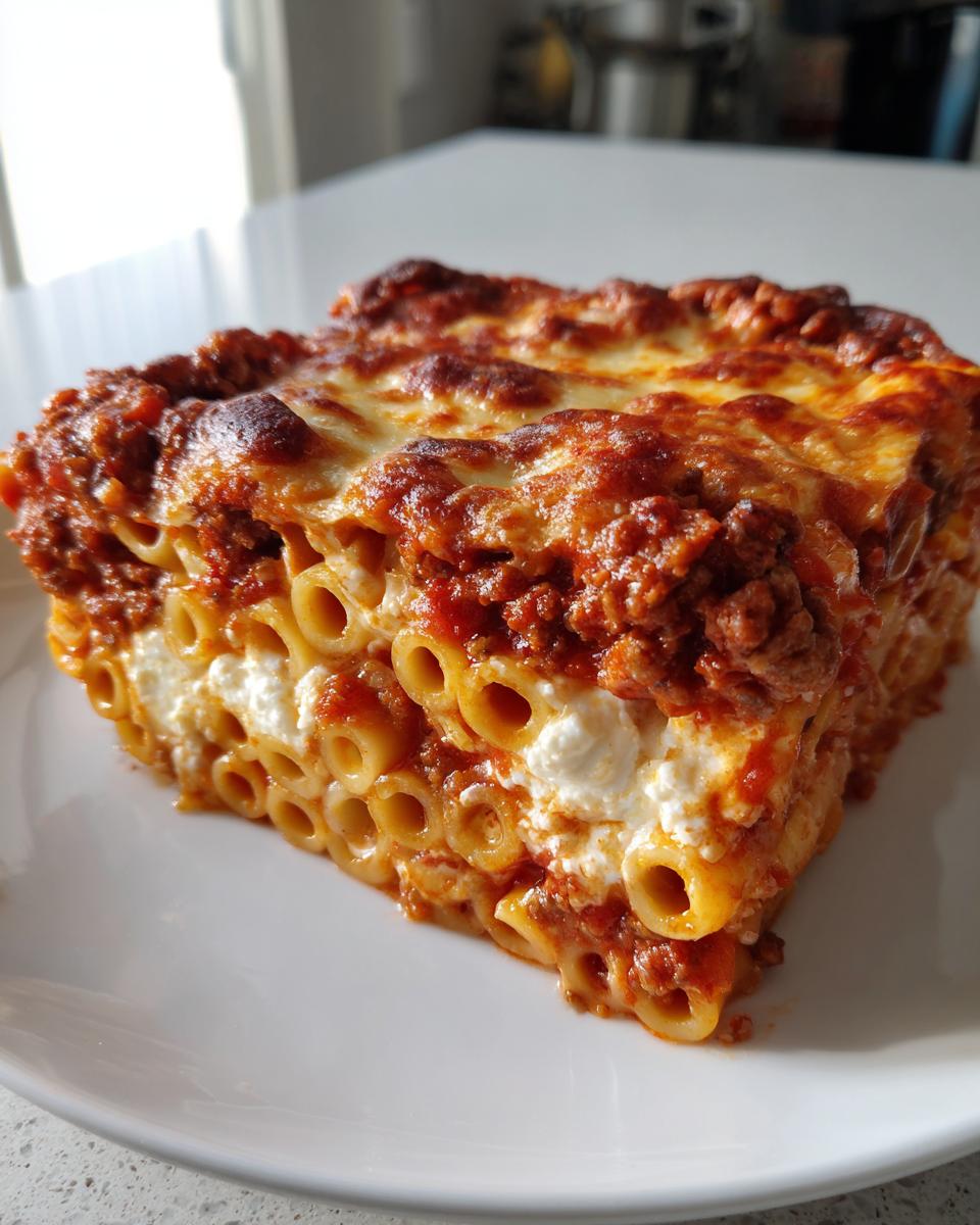 A hearty, square slice of baked ziti or rigatoni pasta bake layered with ricotta and topped with rich meat sauce and melted cheese.