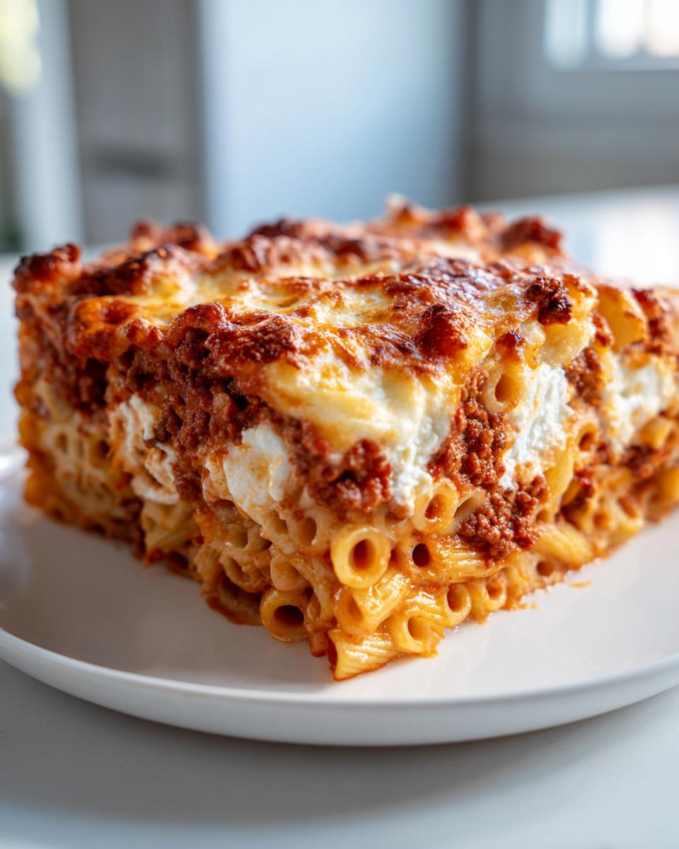 A perfect square slice of baked ziti style pasta bake with rich meat sauce and melted, browned cheese topping.