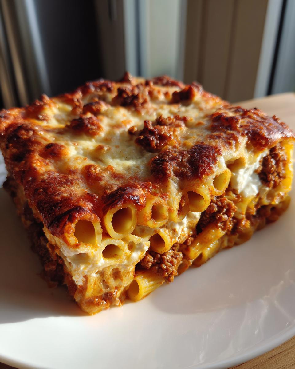 A square slice of baked pasta with rich meat sauce and a golden, bubbly cheese topping, ready to eat.