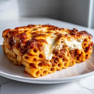 A close-up, appetizing slice of baked ziti or rigatoni pasta bake with rich meat sauce and melted, browned cheese topping.