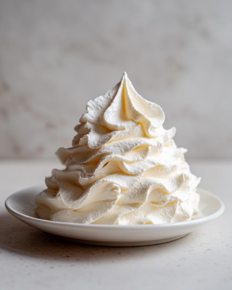A tall, perfectly piped swirl of creamy white vanilla buttercream frosting served on a small white plate.