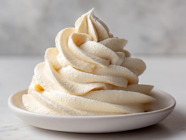 A beautiful, tall swirl of light yellow vanilla buttercream frosting piped into a small white bowl.