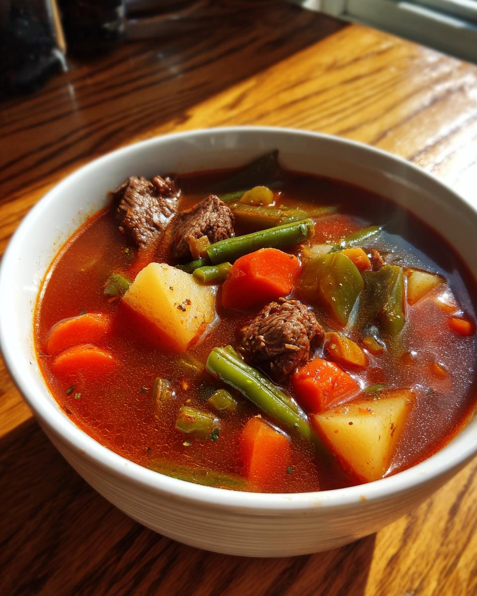 Close-up of a white bowl filled with rich, red broth vegetable beef soup, showing chunks of beef, potatoes, carrots, and green beans.