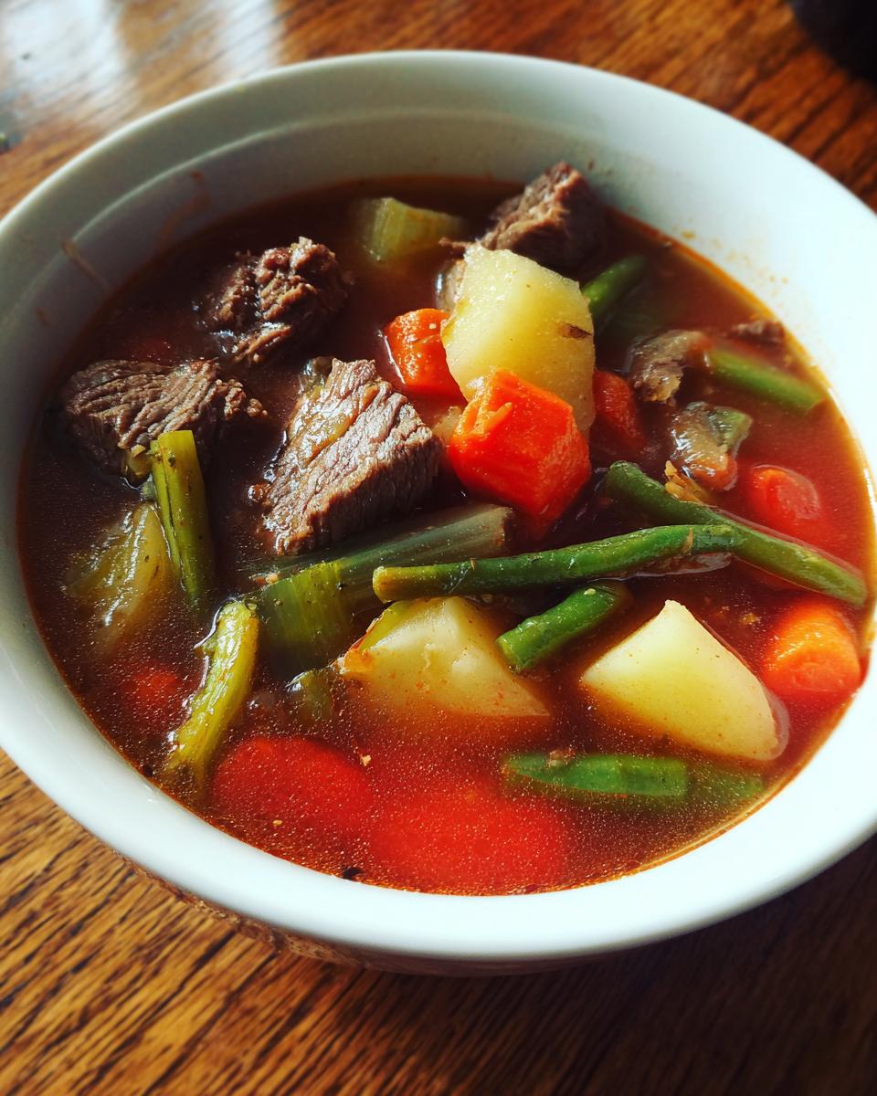 Close-up of a white bowl filled with rich vegetable beef soup, featuring large chunks of beef, potatoes, carrots, and green beans.