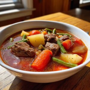 Close-up of a steaming bowl of rich vegetable beef soup featuring large chunks of beef, carrots, potatoes, and green beans.