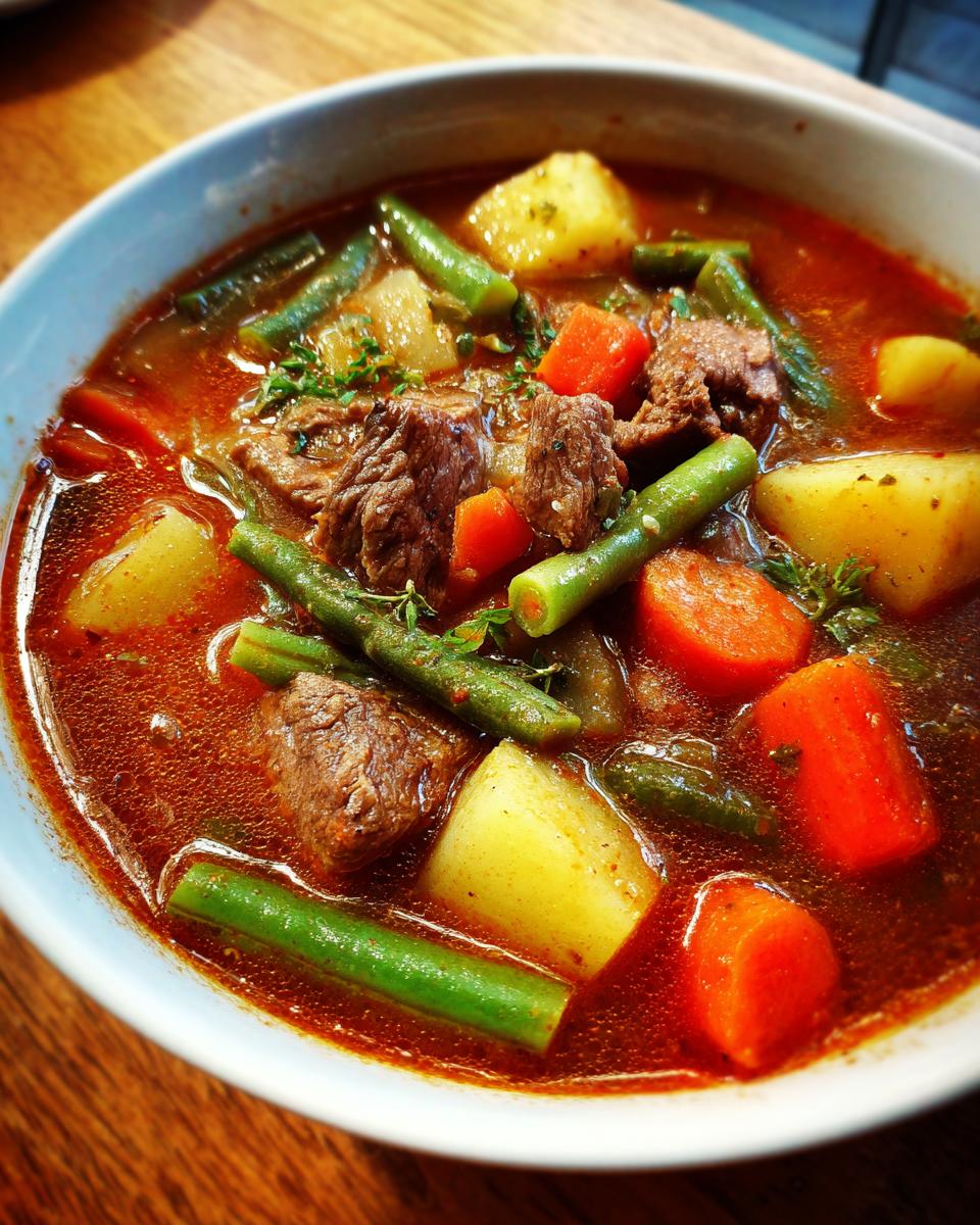 Close-up of a bowl filled with rich, red broth vegetable beef soup featuring chunks of beef, potatoes, carrots, and green beans.