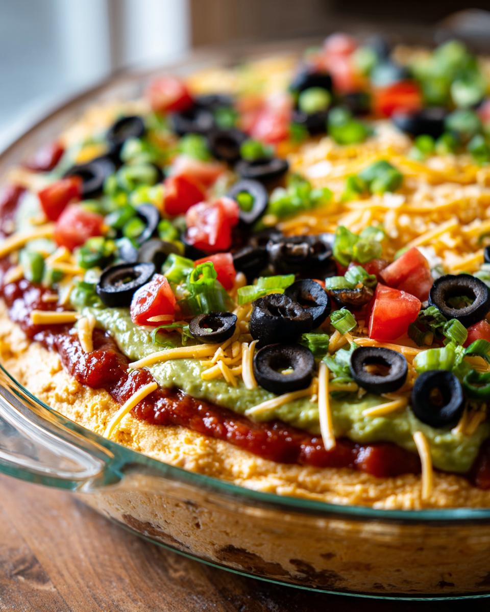 Close-up of a vibrant 7 layer dip topped with shredded cheese, black olives, tomatoes, and green onions.