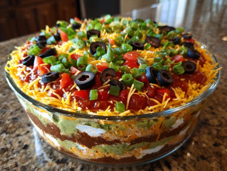 Close-up of a vibrant 7 layer dip in a clear glass bowl, topped with shredded cheese, salsa, olives, and green onions.