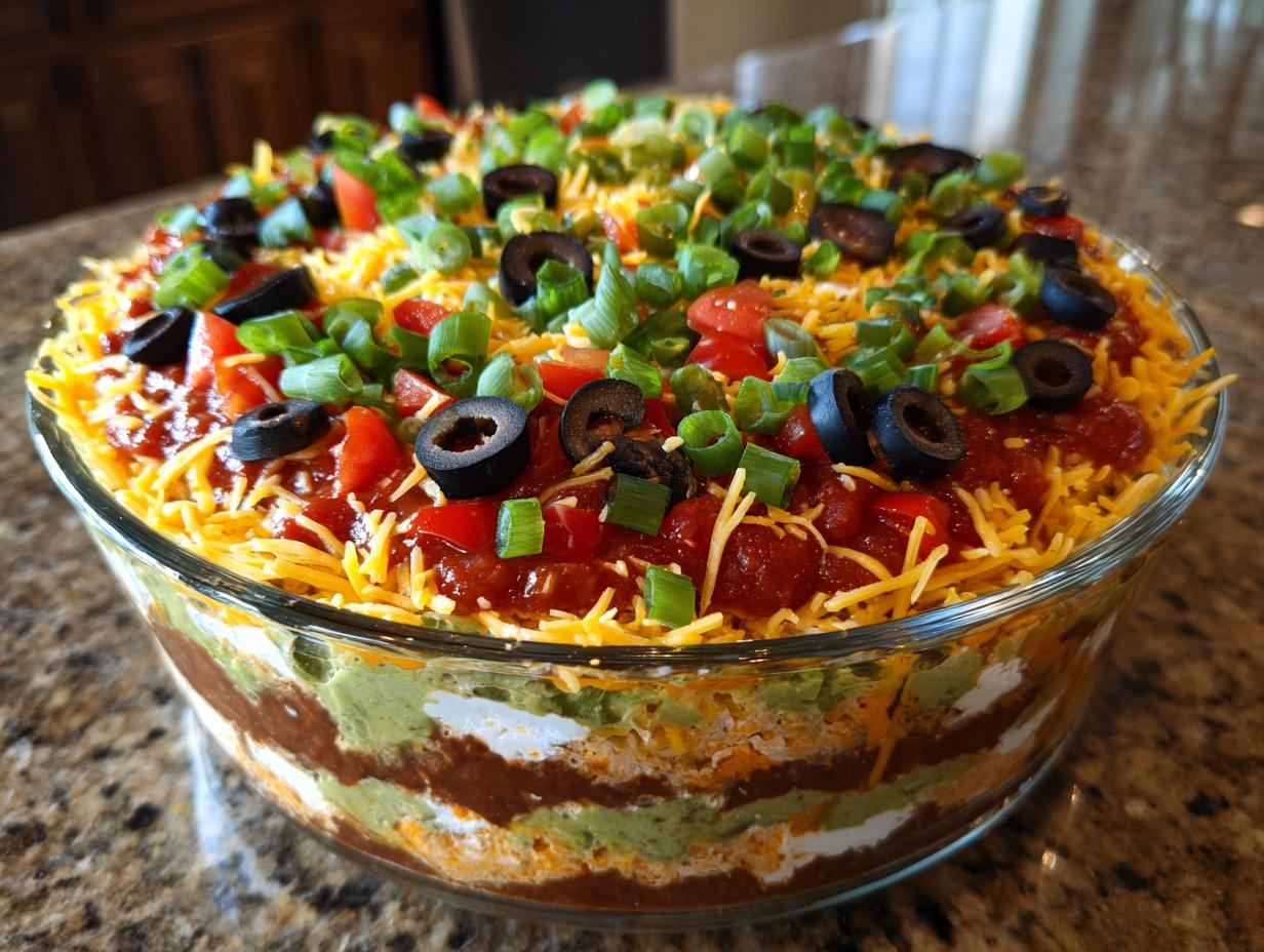 Close-up of a vibrant 7 layer dip in a clear glass bowl, topped with shredded cheese, salsa, olives, and green onions.