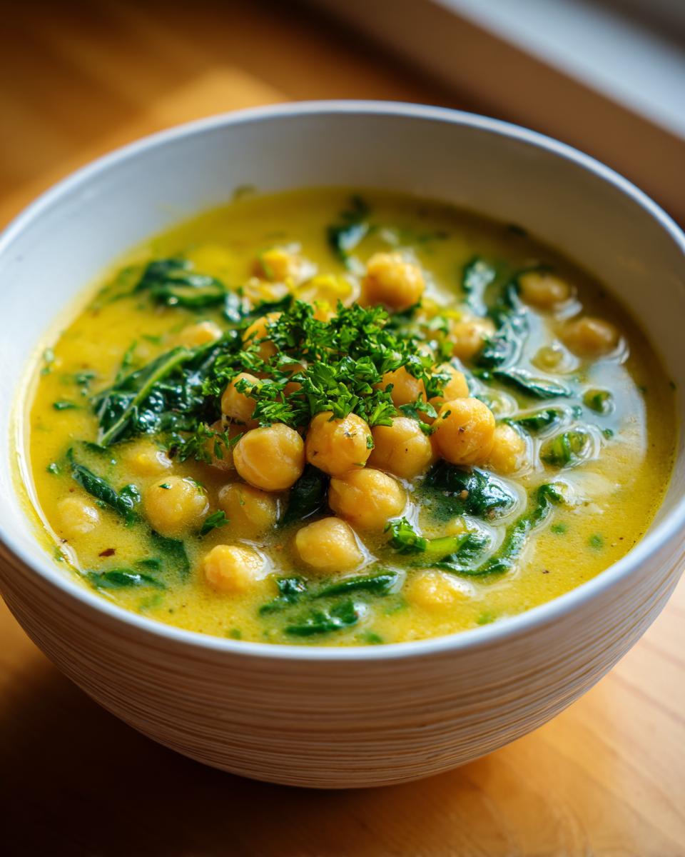 Close-up of a bowl of creamy, yellow chickpea soup featuring whole chickpeas, wilted spinach, and a fresh parsley garnish.