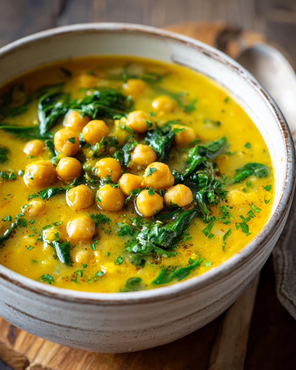 Close-up of a bowl of vibrant yellow chickpea soup loaded with whole chickpeas and wilted spinach.